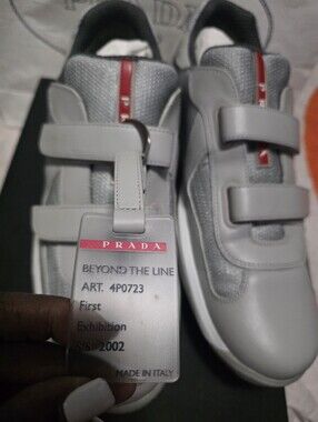 Prada Gray Leather and Mesh Sneakers with Red Accent